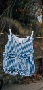 Load image into Gallery viewer, Girls Seersucker Ruffle Romper
