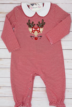 Load image into Gallery viewer, Red Striped L/S Romper w/ Reindeer Applique
